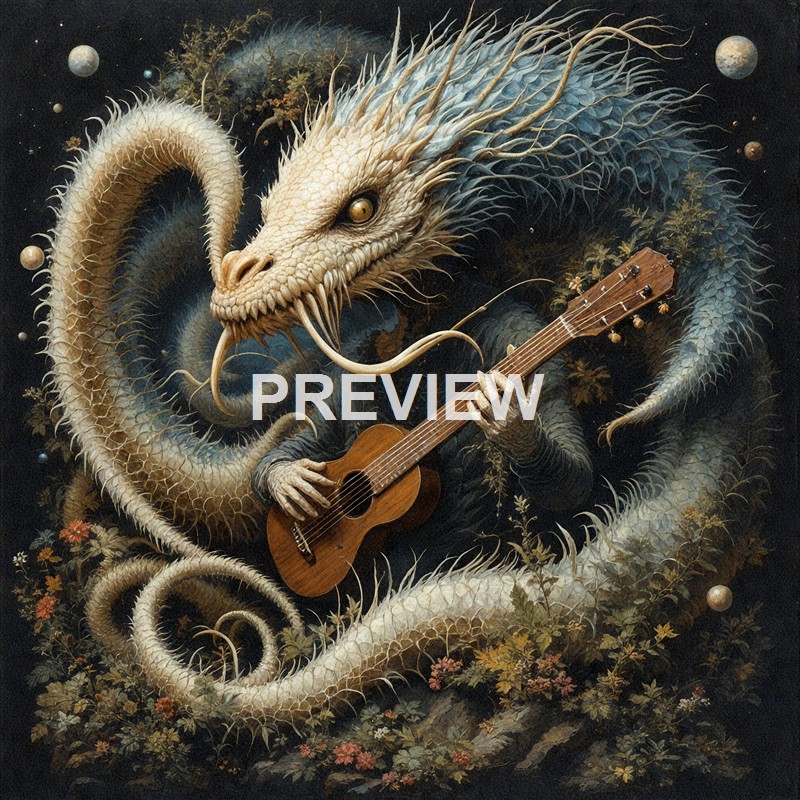 A mythical dragon with a long, scaled body and fierce face, holding a guitar and surrounded by celestial bodies and foliage in a surreal, fantasy scene.